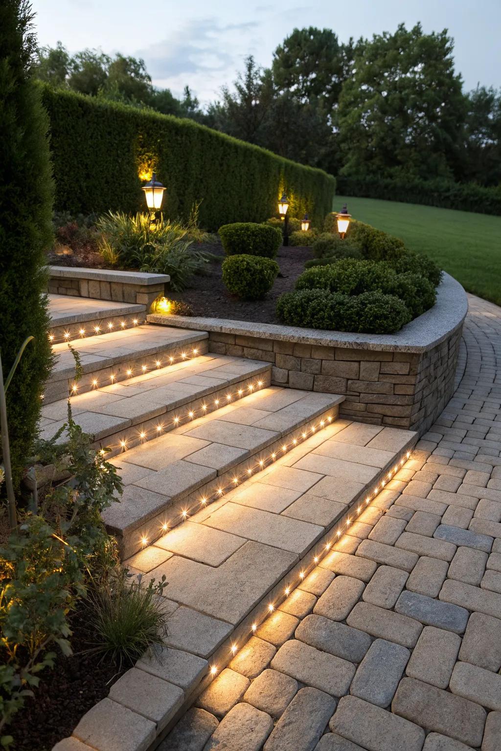Step and wall lighting enhances both safety and style.