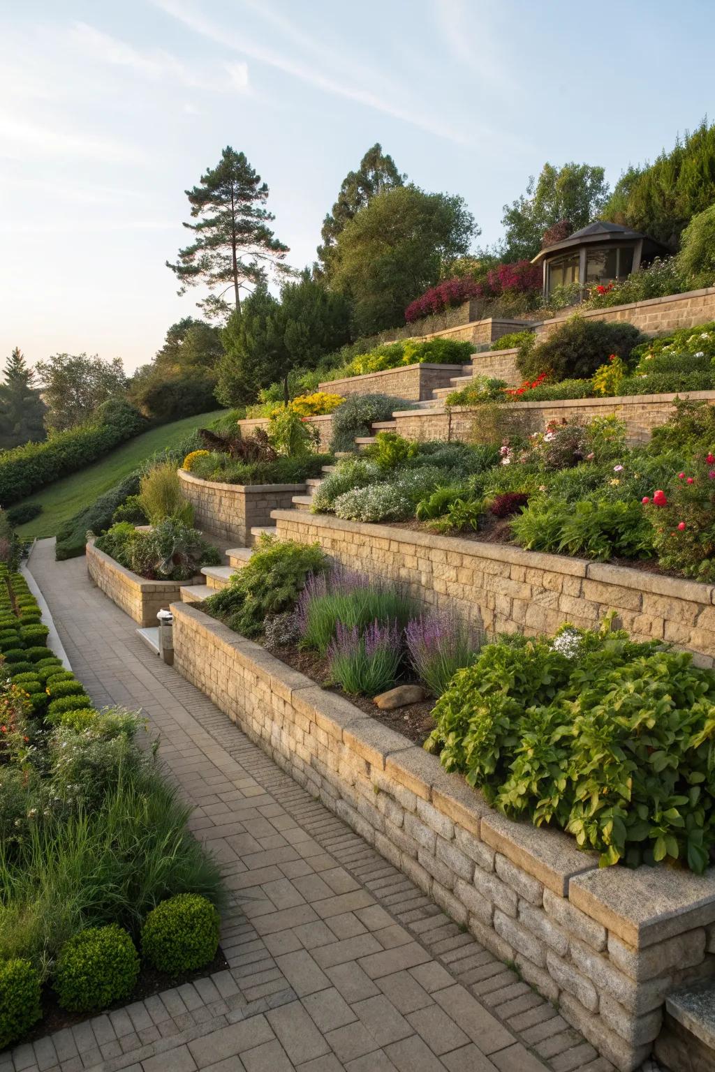 A terraced garden featuring elegant paver walls.