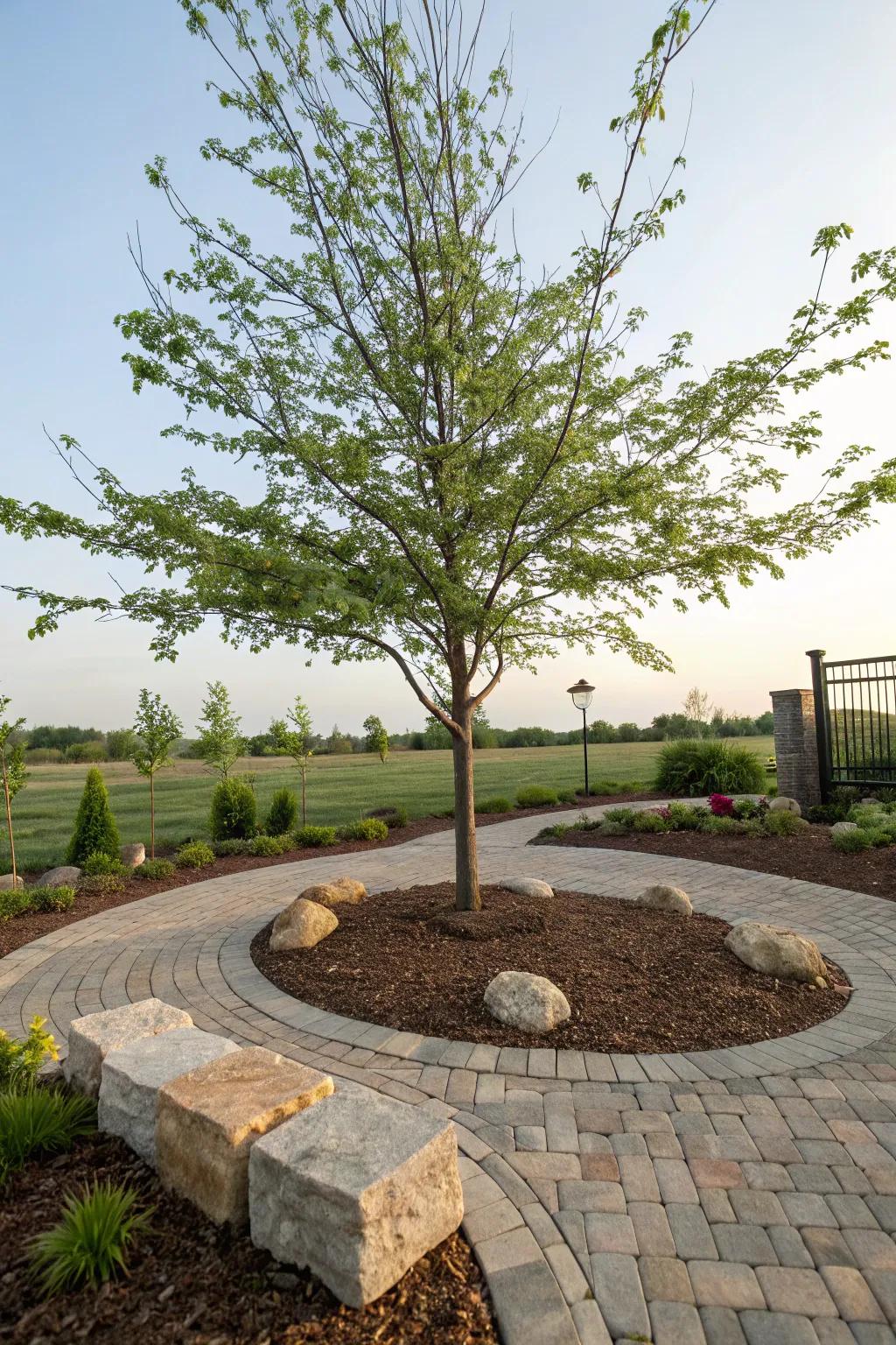 A harmonious blend of pavers, mulch, and stones around a tree.
