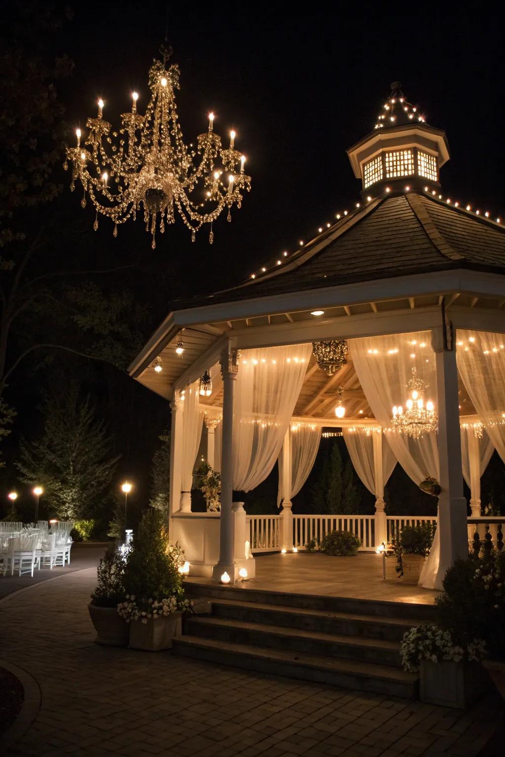 A pavilion illuminated with ambient lighting for evening elegance.