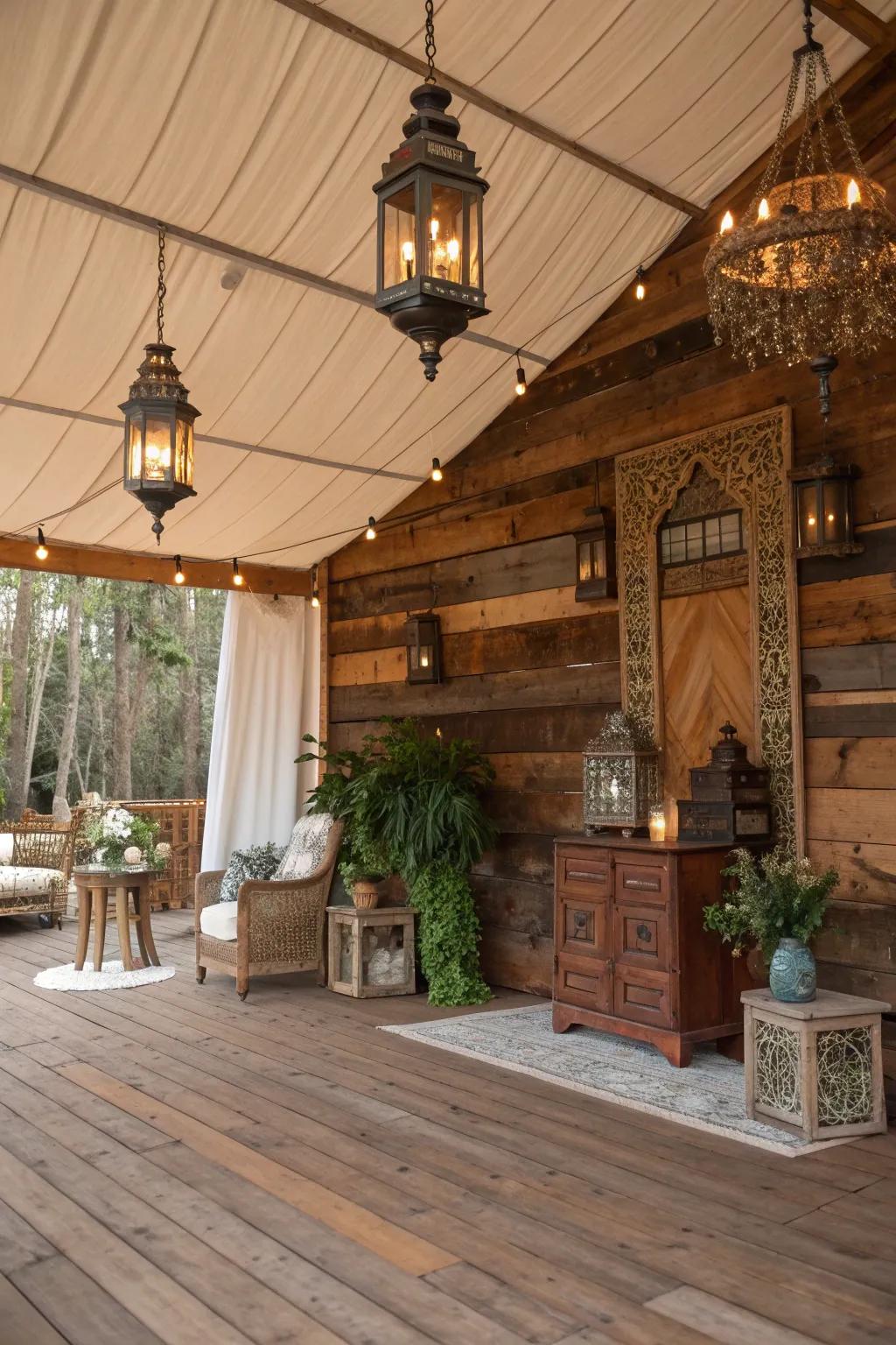 Reclaimed wood panels adding rustic charm to a pavilion's design.