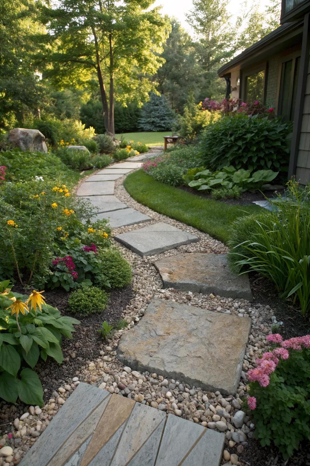 Mixing materials like stone and gravel adds unique texture.