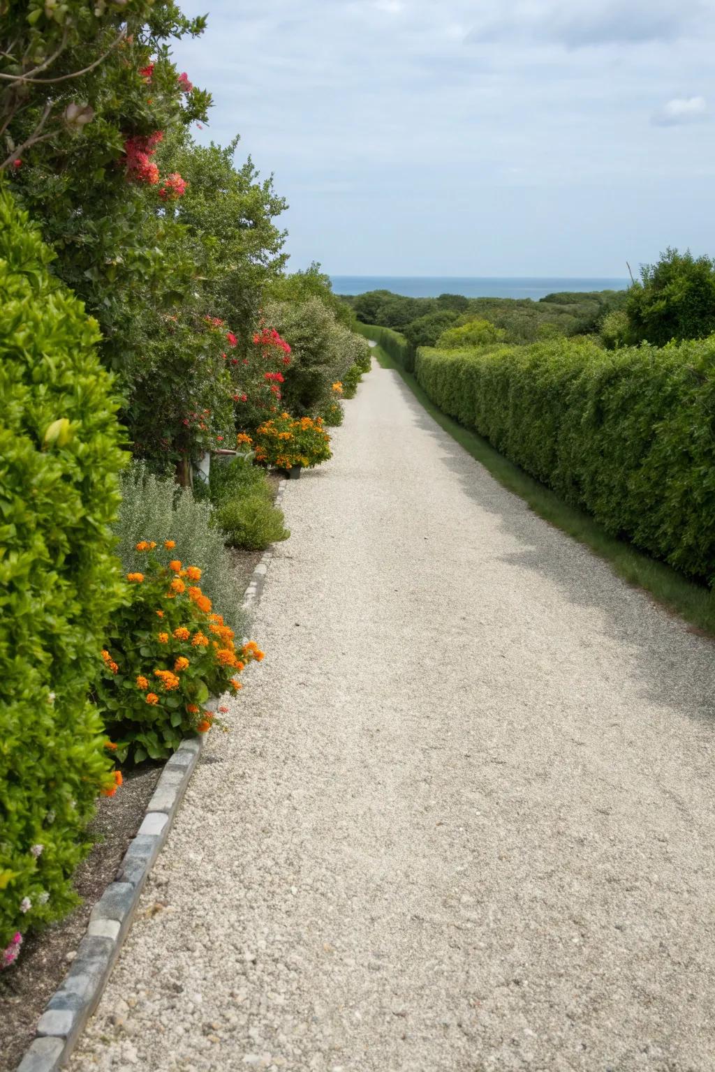 A pea gravel driveway beautifully integrated with surrounding greenery.