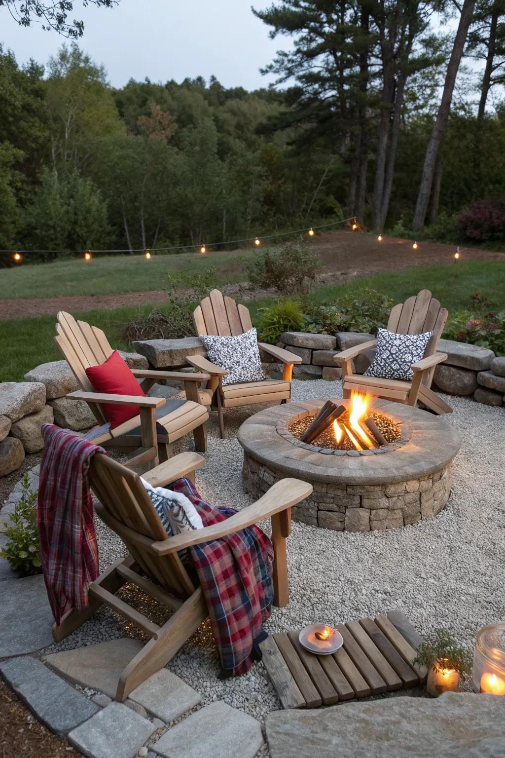 Adirondack chairs create a cozy seating area around the fire pit.