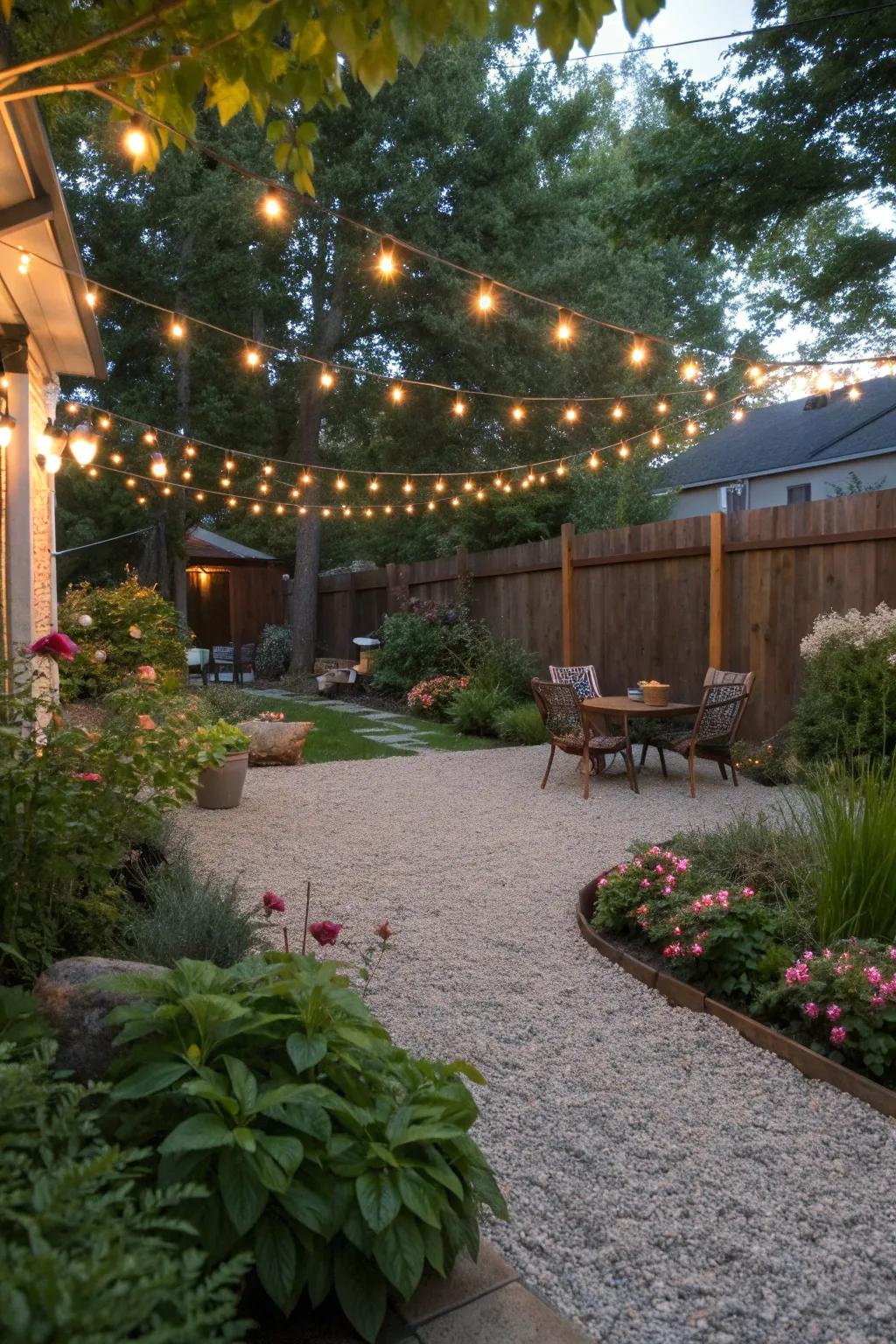 String lights create an enchanting atmosphere on this pea gravel patio.