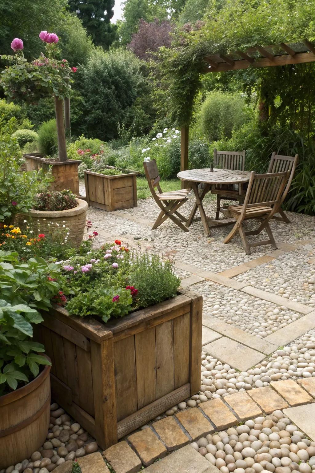 Rustic wood and pebbles create a cozy farmhouse feel.