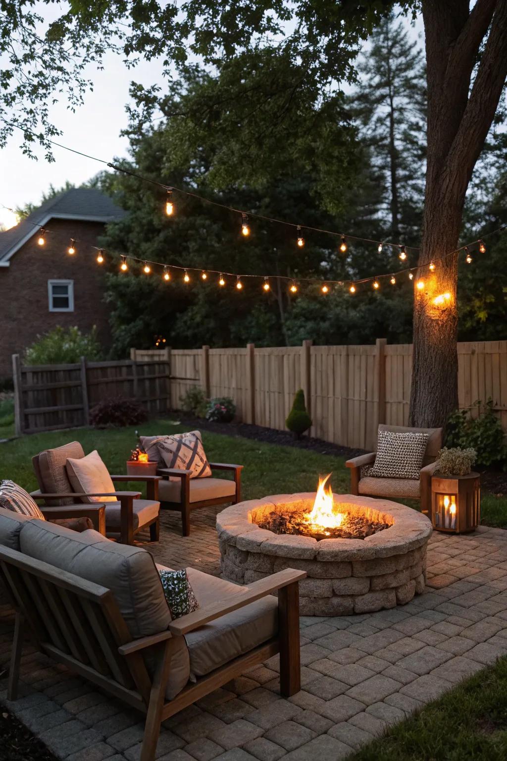 A welcoming fire pit area invites relaxation and evening gatherings.