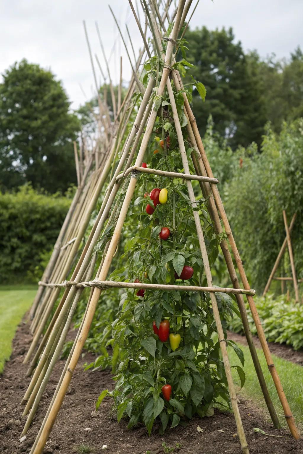 Bamboo teepee trellis combines function with natural beauty.