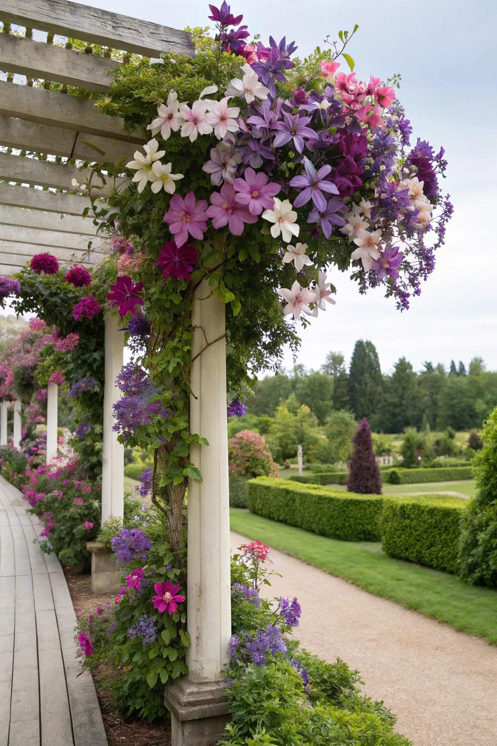 Brighten your pergola with the colorful blooms of clematis.