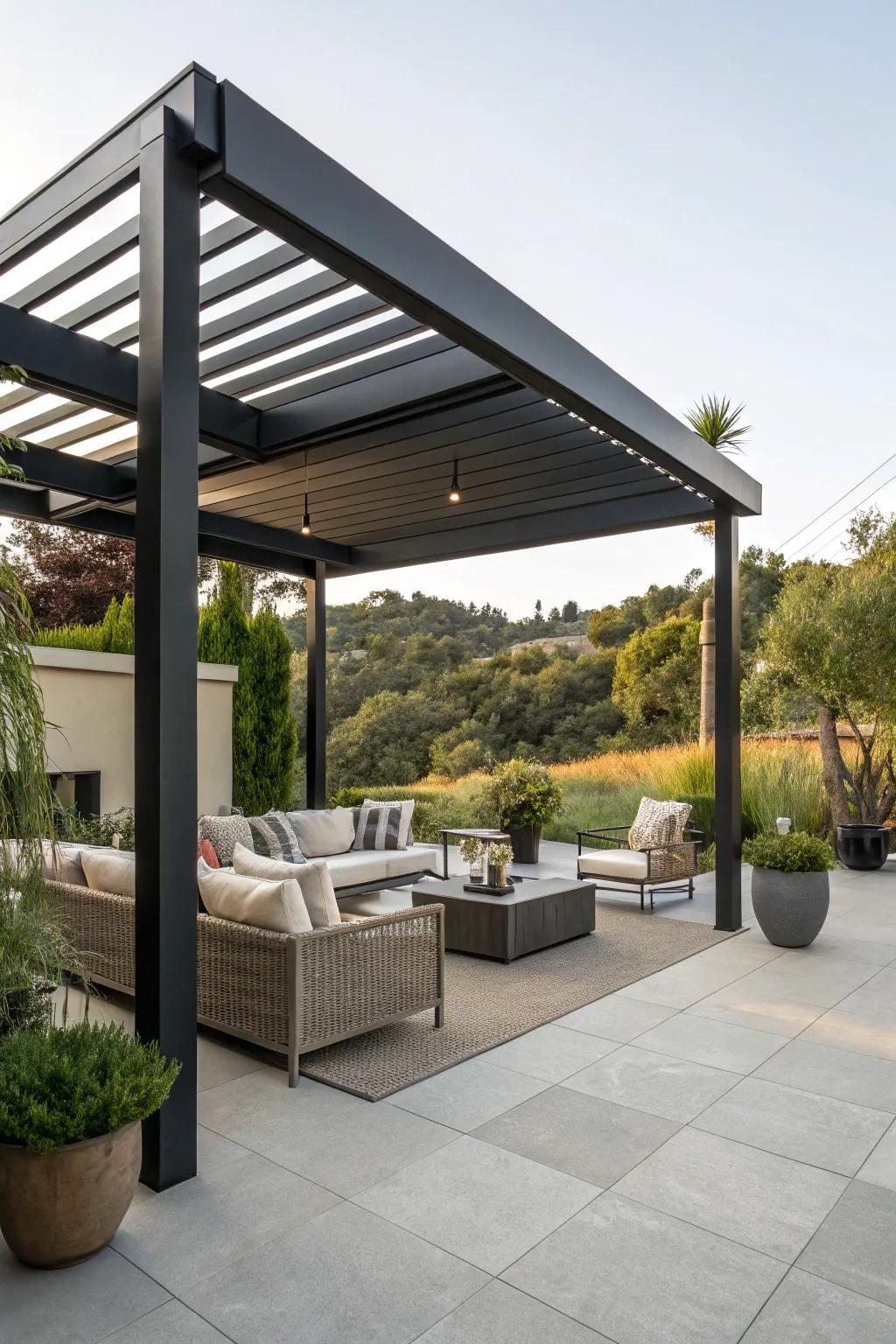 A black pergola makes a striking statement in any contemporary outdoor space.