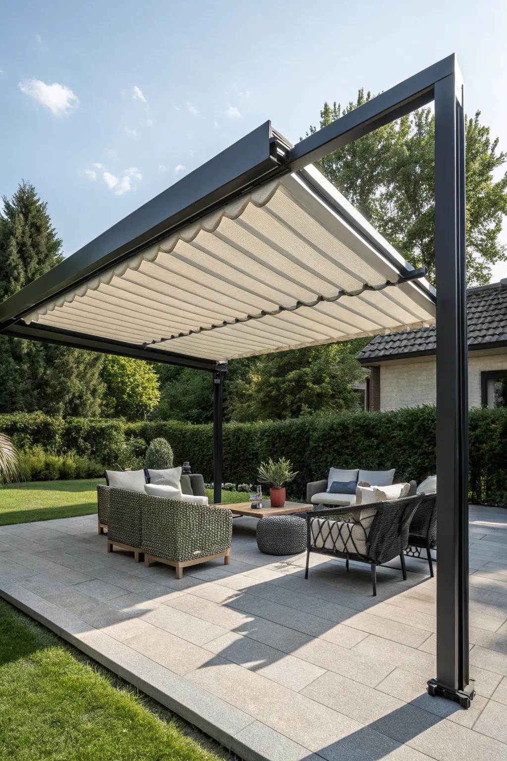 High-tech shade with a motorized retractable awning.