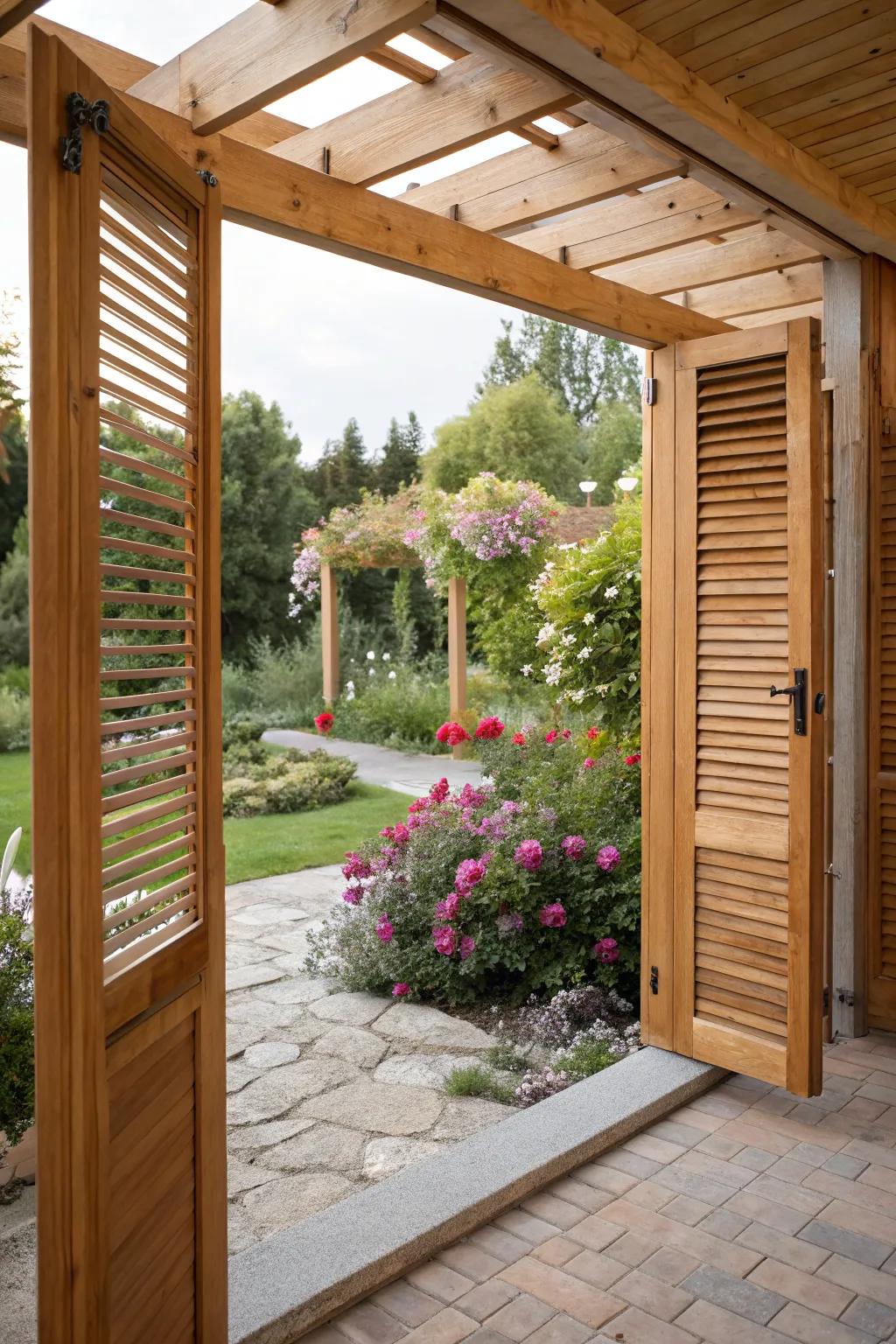 Wooden shutters adding rustic charm to a pergola