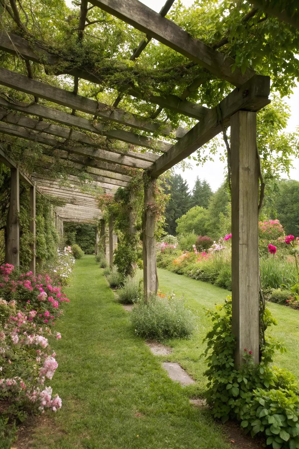 Integrating grass creates a lush and natural pergola setting.