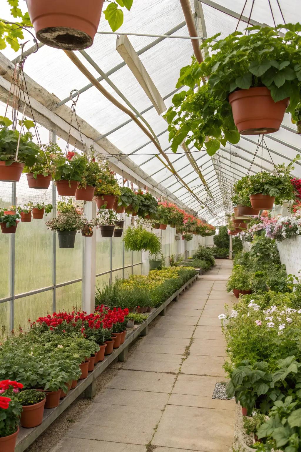 An enchanting pergola greenhouse transformed into a hanging garden.