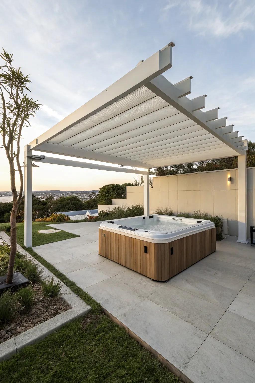 A minimalist modern pergola with sleek lines over a hot tub.