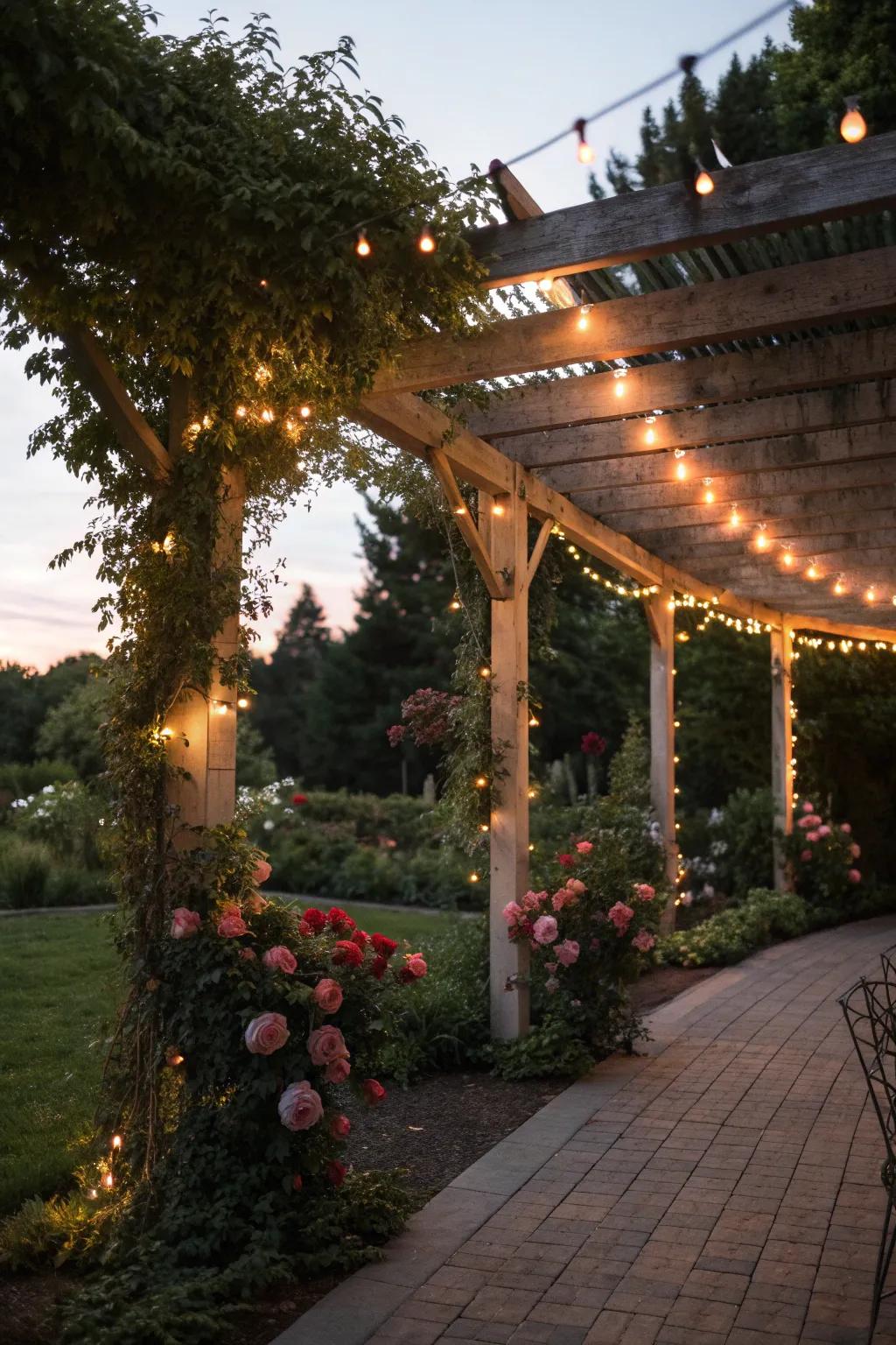 String lights illuminating a charming pergola.