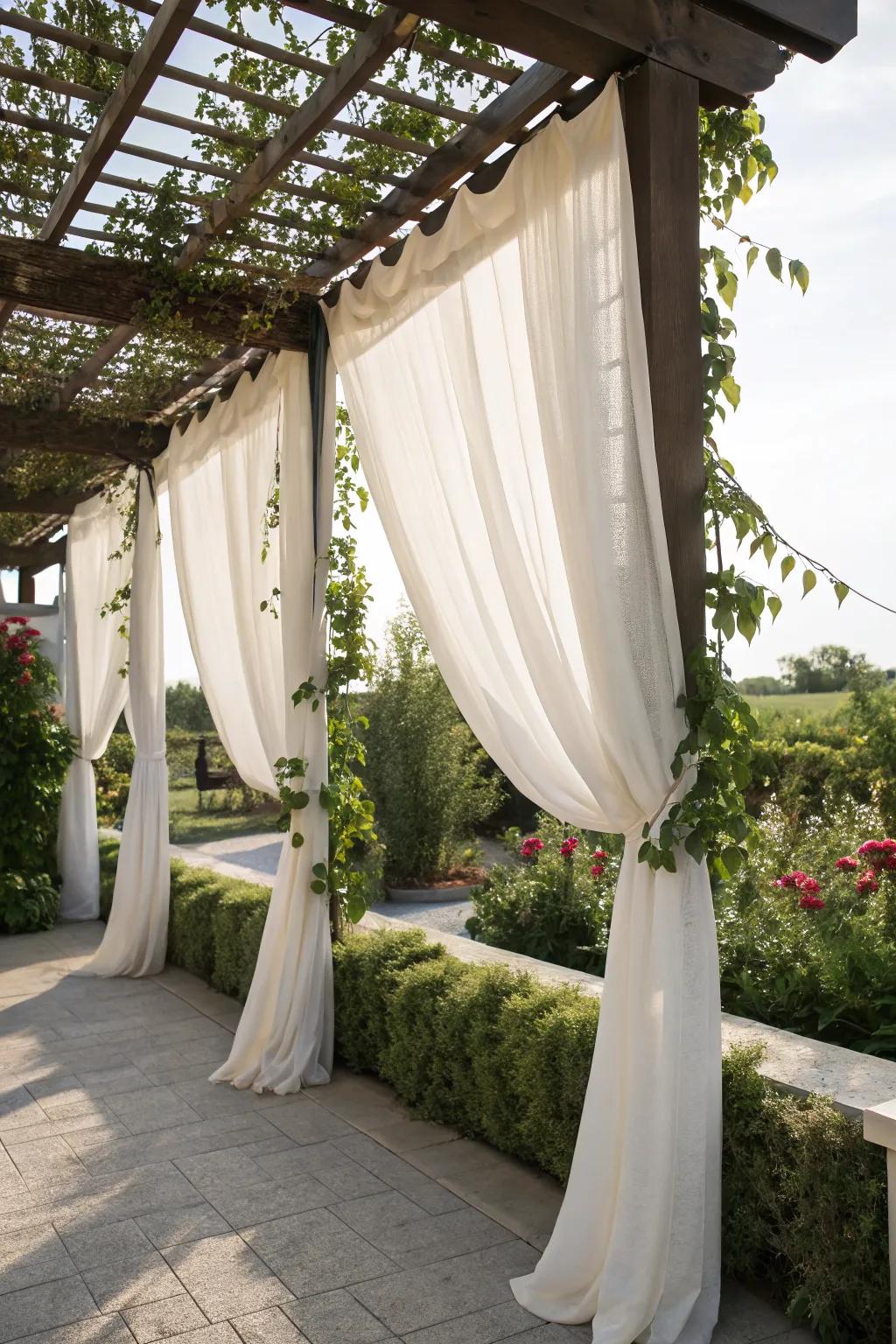 Outdoor curtains add a soft, adjustable layer of privacy.