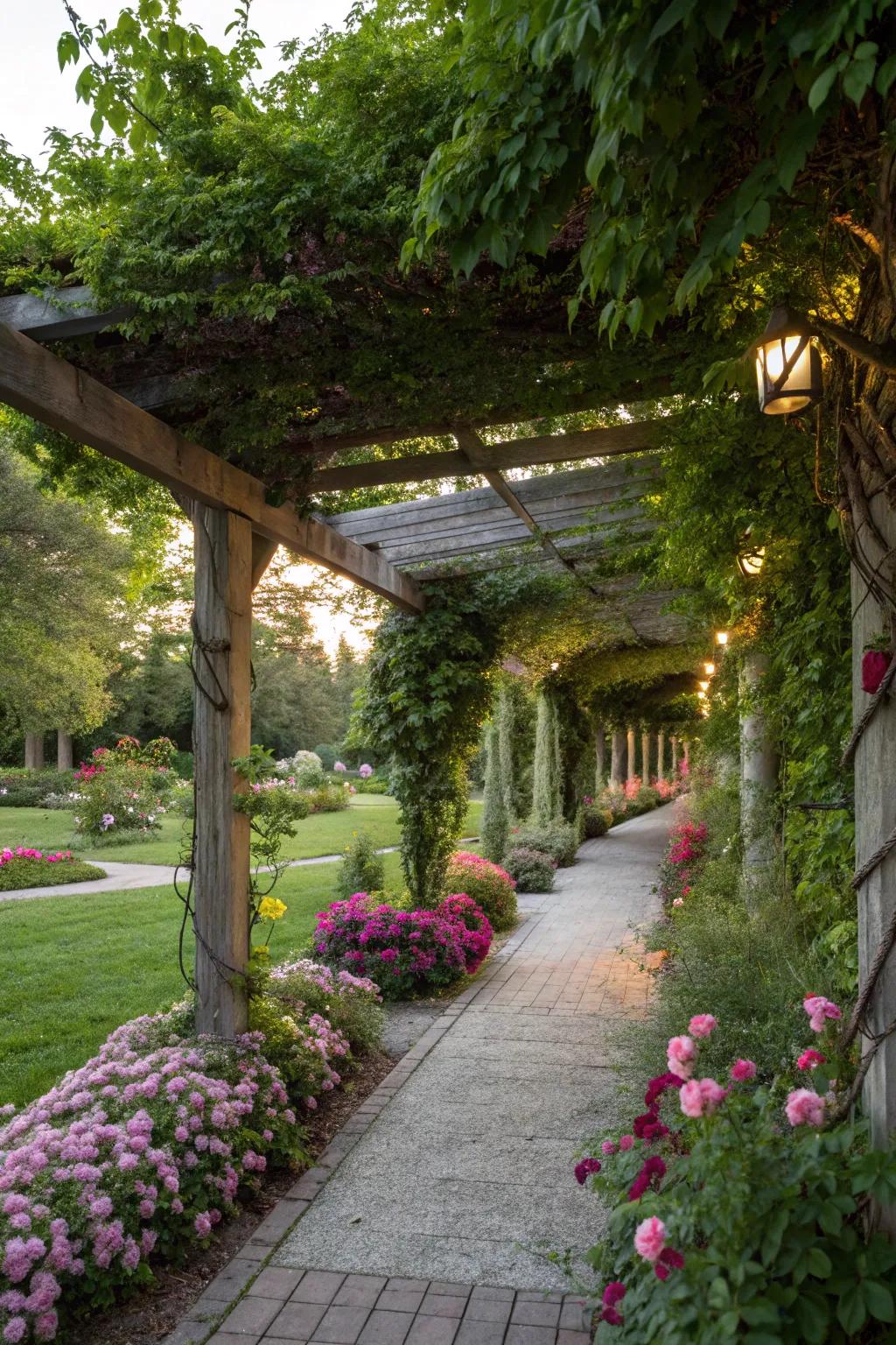 A plant-covered pergola brings life and color to your outdoor space.