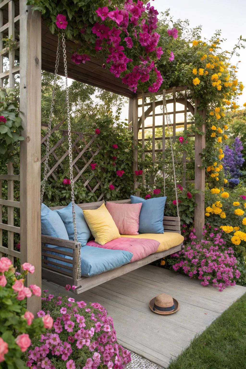 Colorful cushions add comfort and style to a pergola swing.
