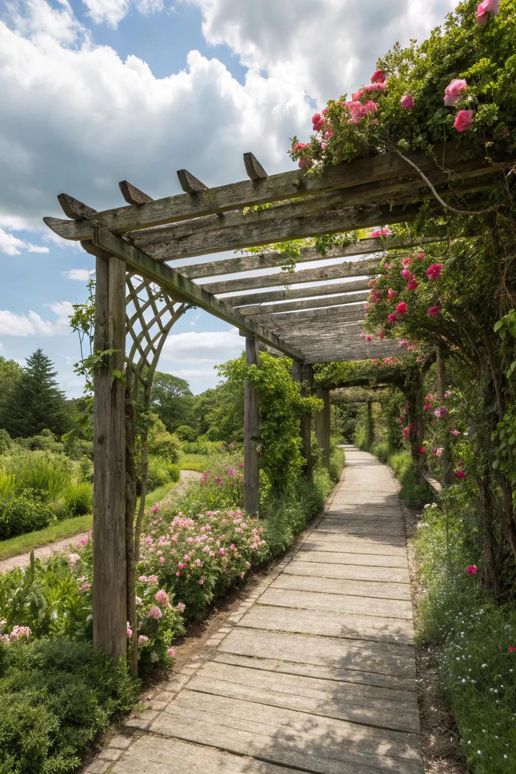 A rustic wooden pergola seamlessly blending with its natural surroundings.