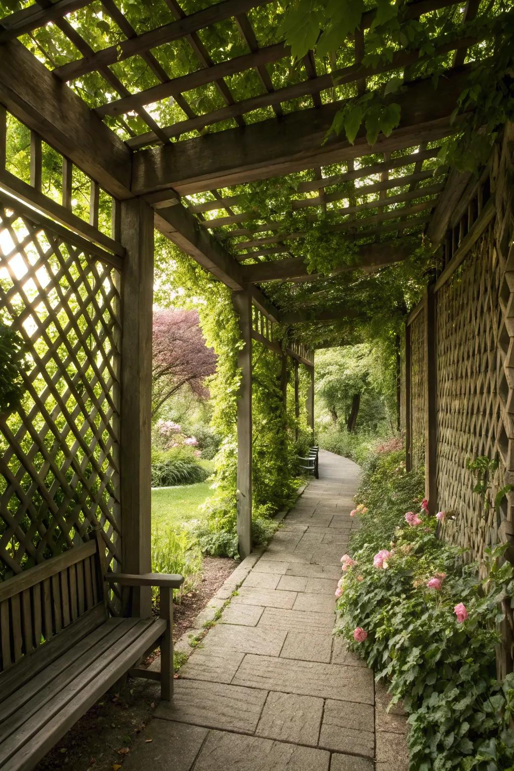 Dense lattice panels provide both privacy and style.