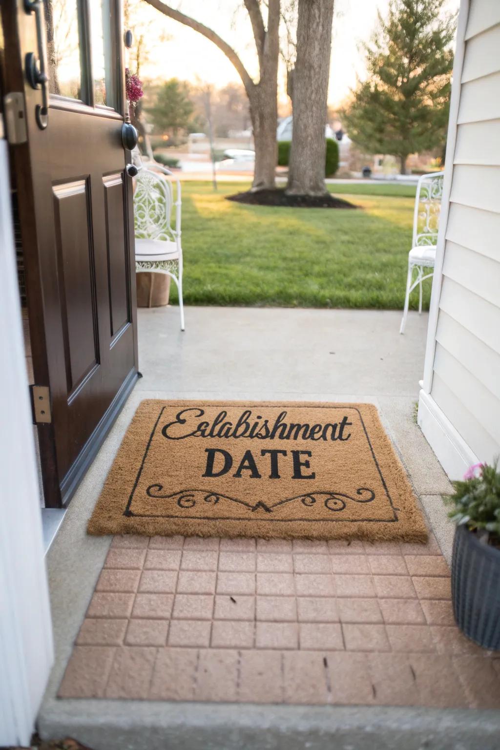 A door mat with an establishment date marking a home's history.