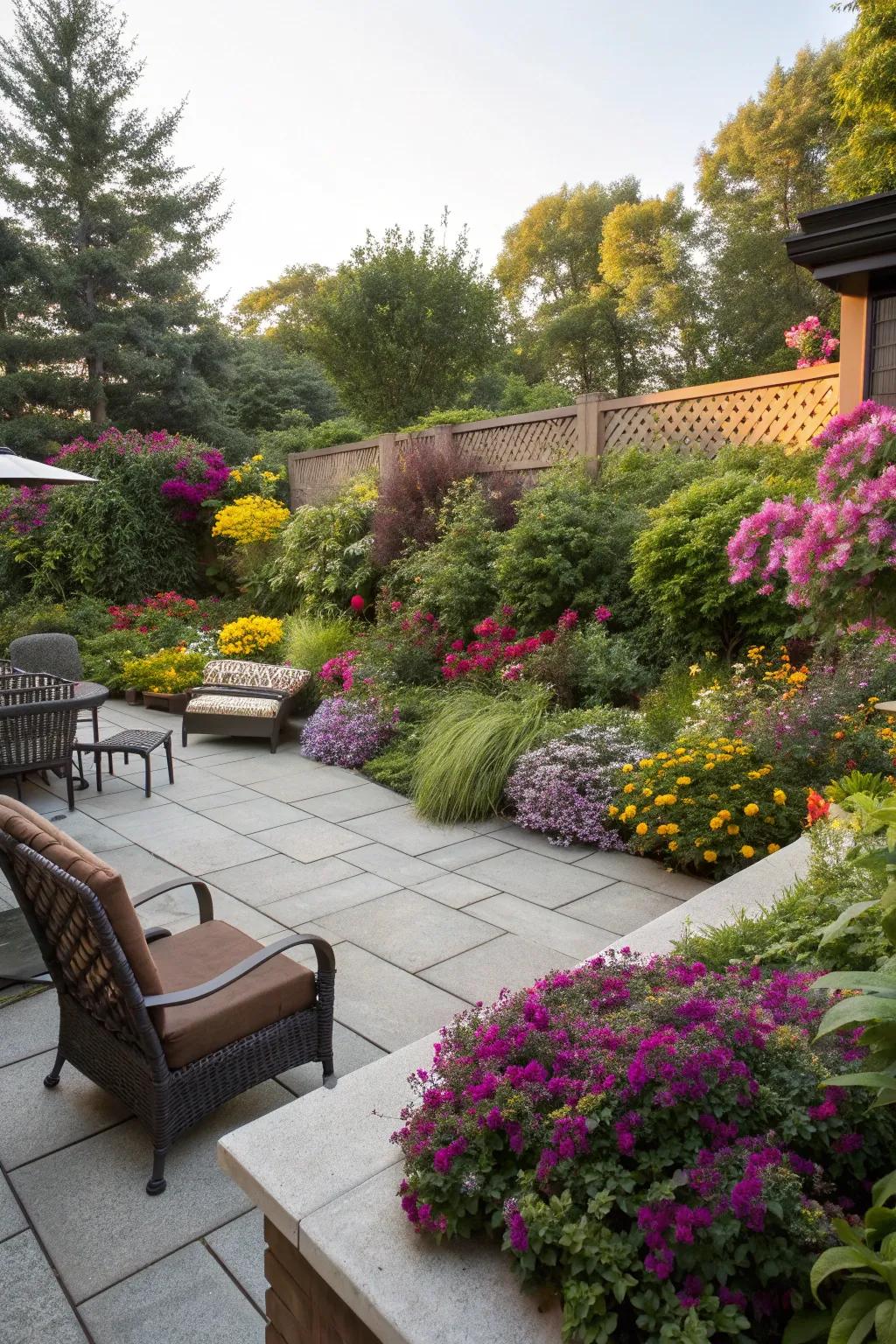 A patio beautifully integrated with its surrounding garden.