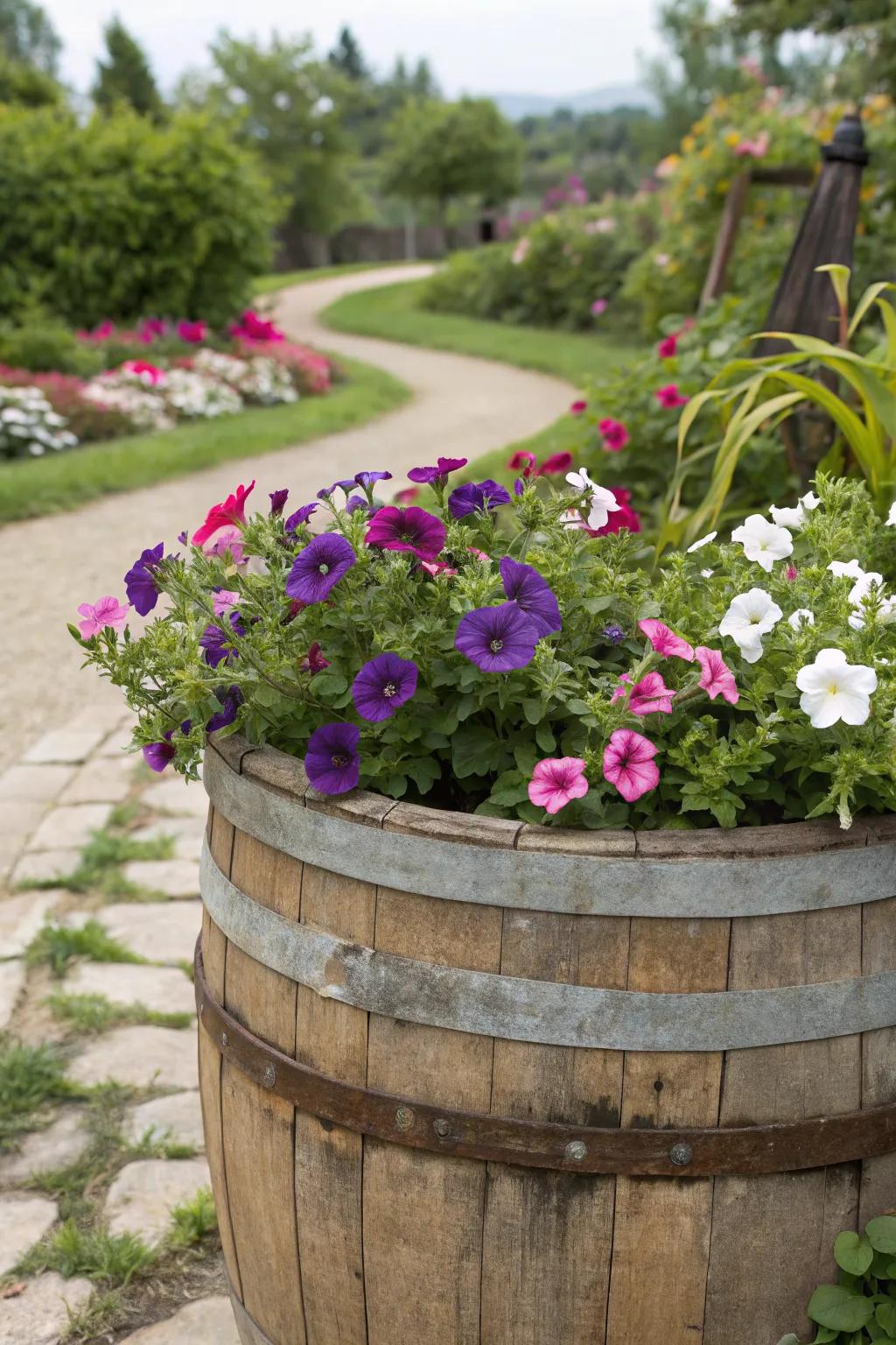 Wooden barrels bring a rustic charm to petunia displays.