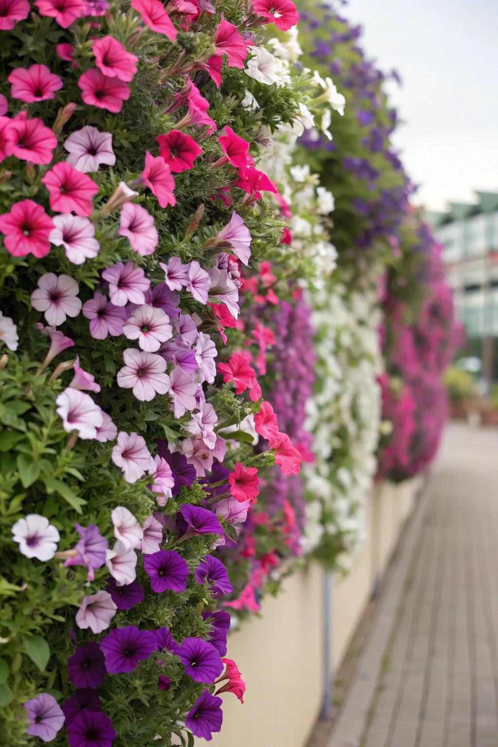 Cascading petunias bring a waterfall of color to vertical gardens.