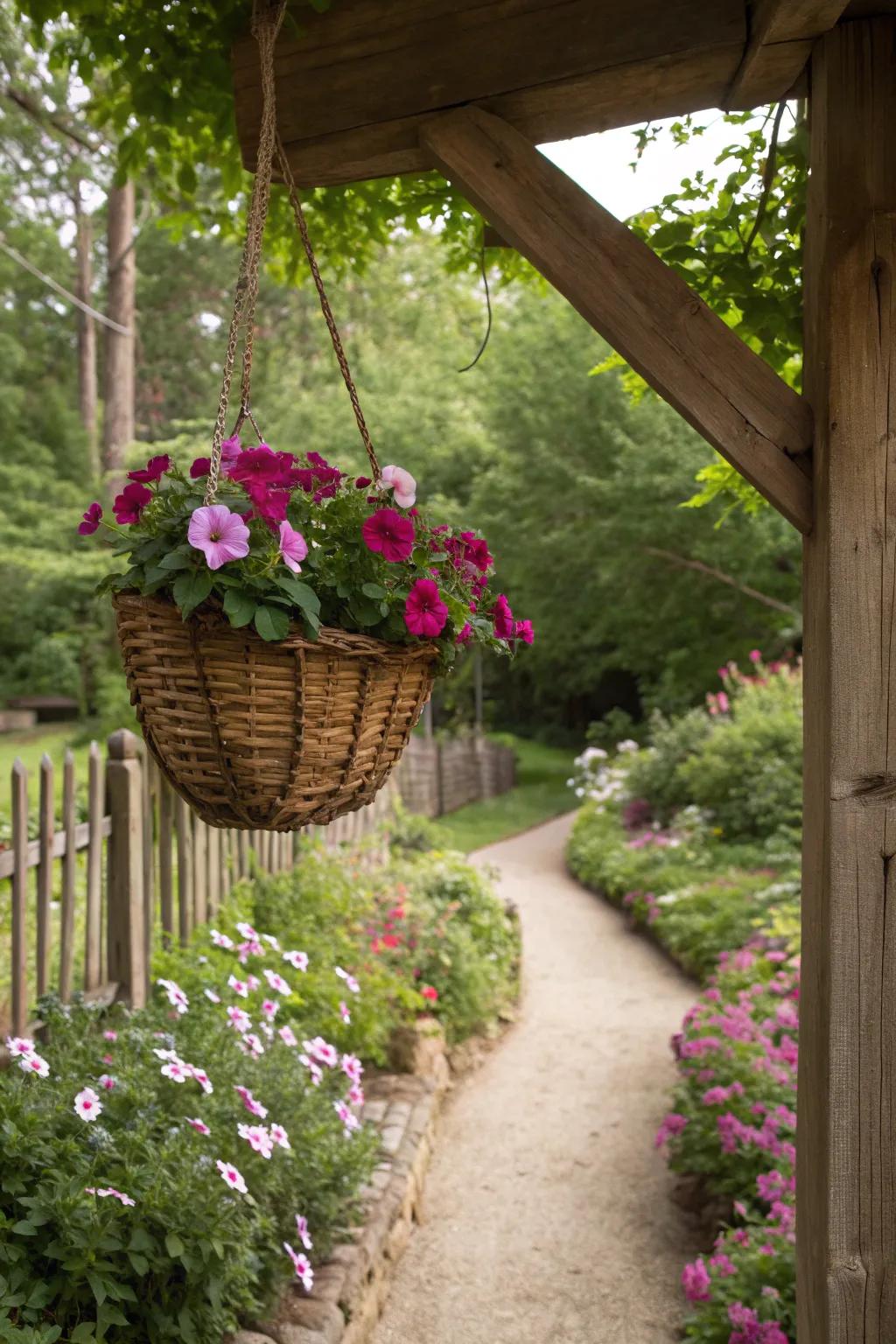Woven baskets bring a rustic charm to petunia displays.