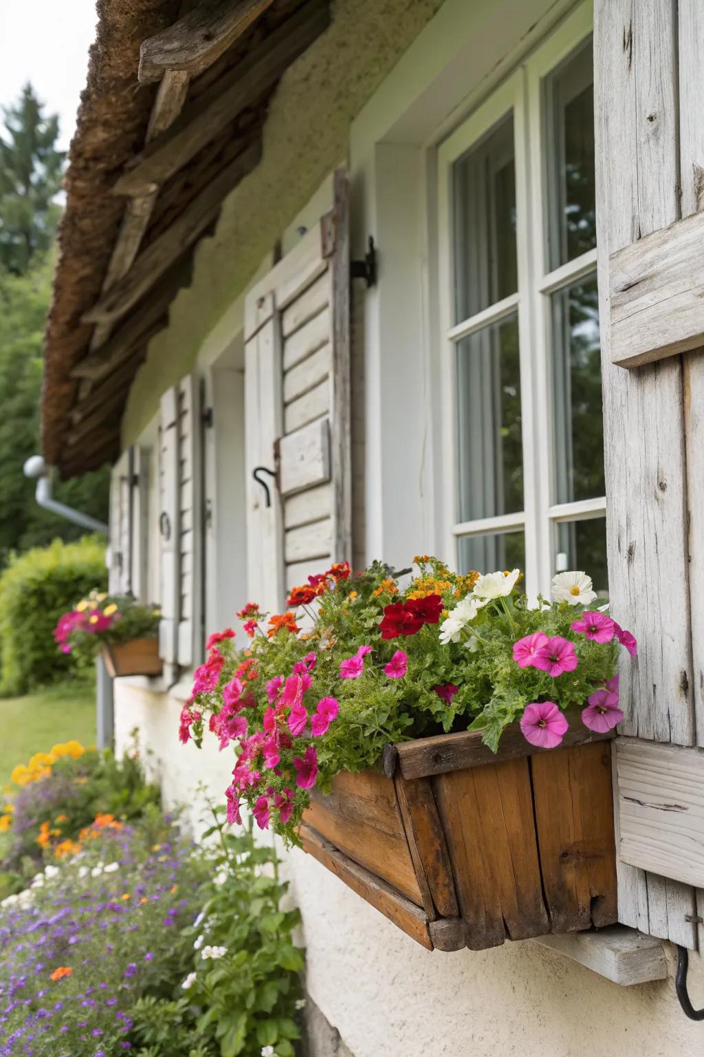 Rustic wooden boxes bring a farmhouse feel to your petunias.