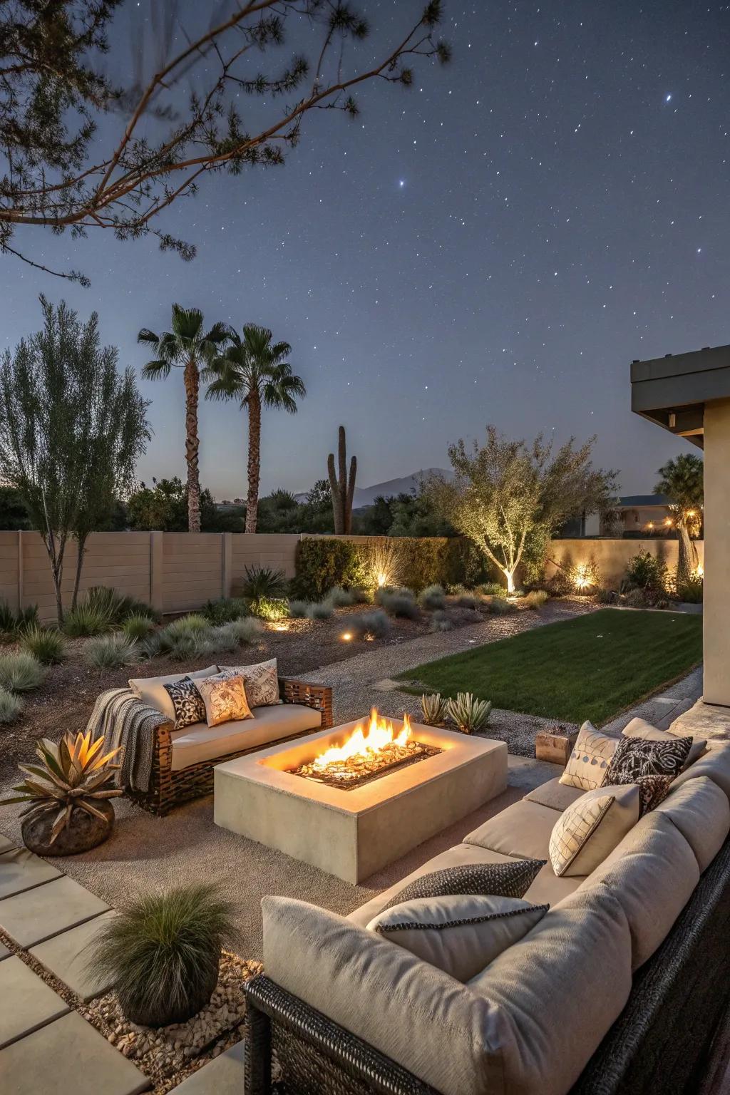 Gather around a stylish fire pit for warmth and ambiance.