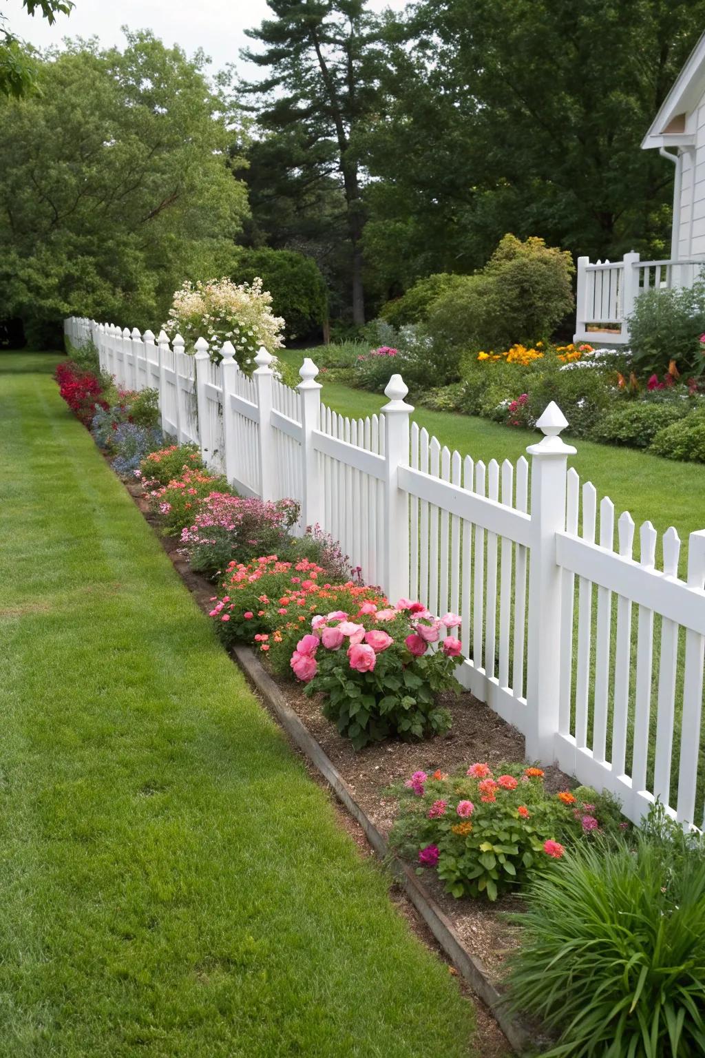 A timeless white picket fence complements any garden setting.