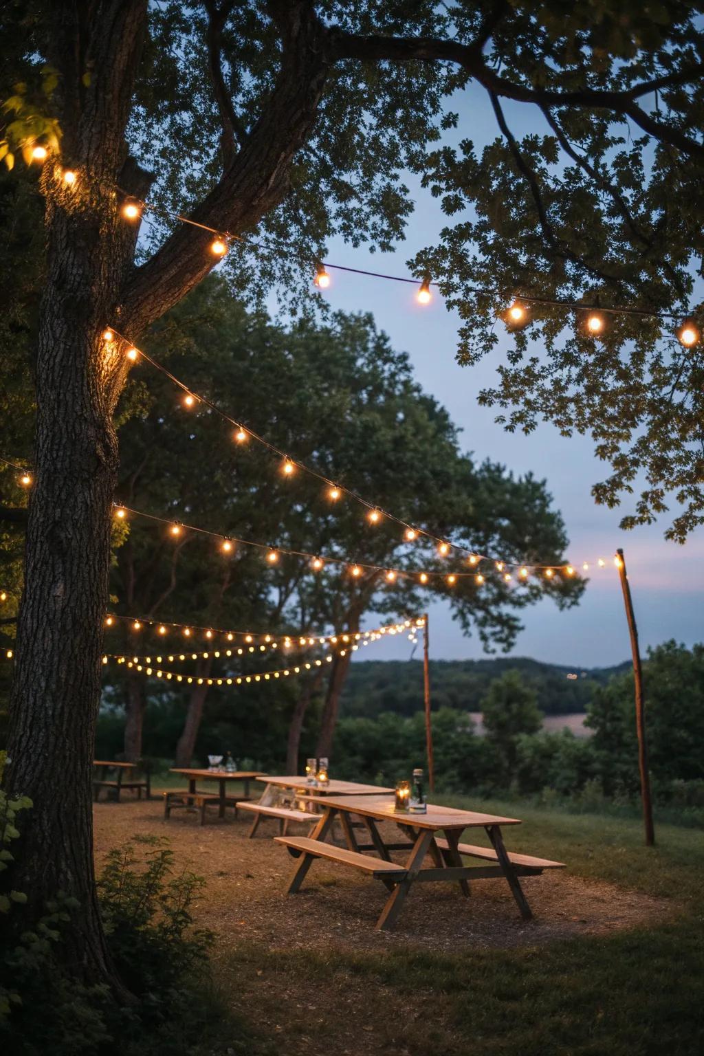 String lights casting a magical glow over an evening picnic.