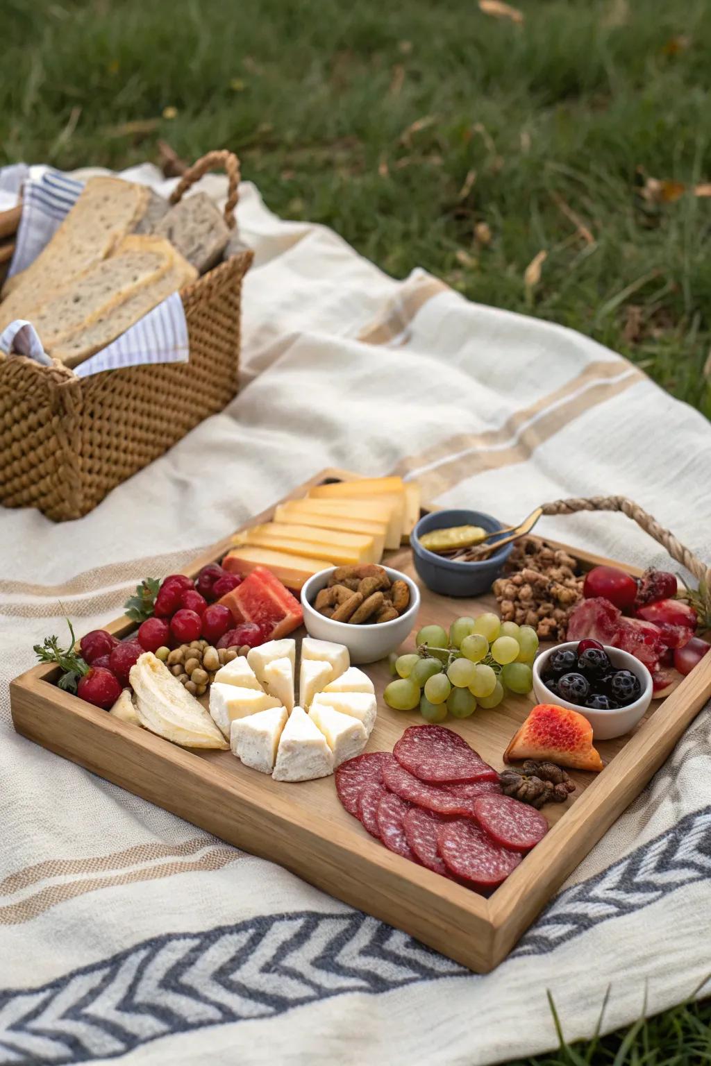 A handcrafted charcuterie board brings a gourmet touch to your picnic.