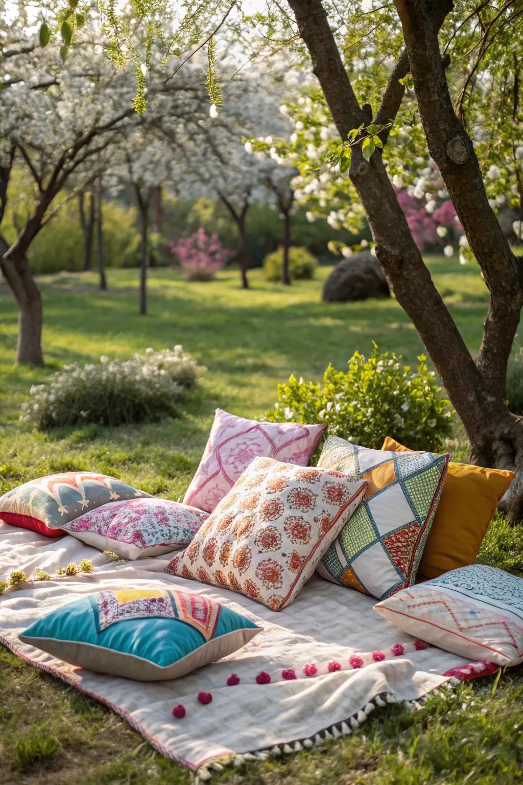 Decorative pillows add comfort and charm to your picnic.