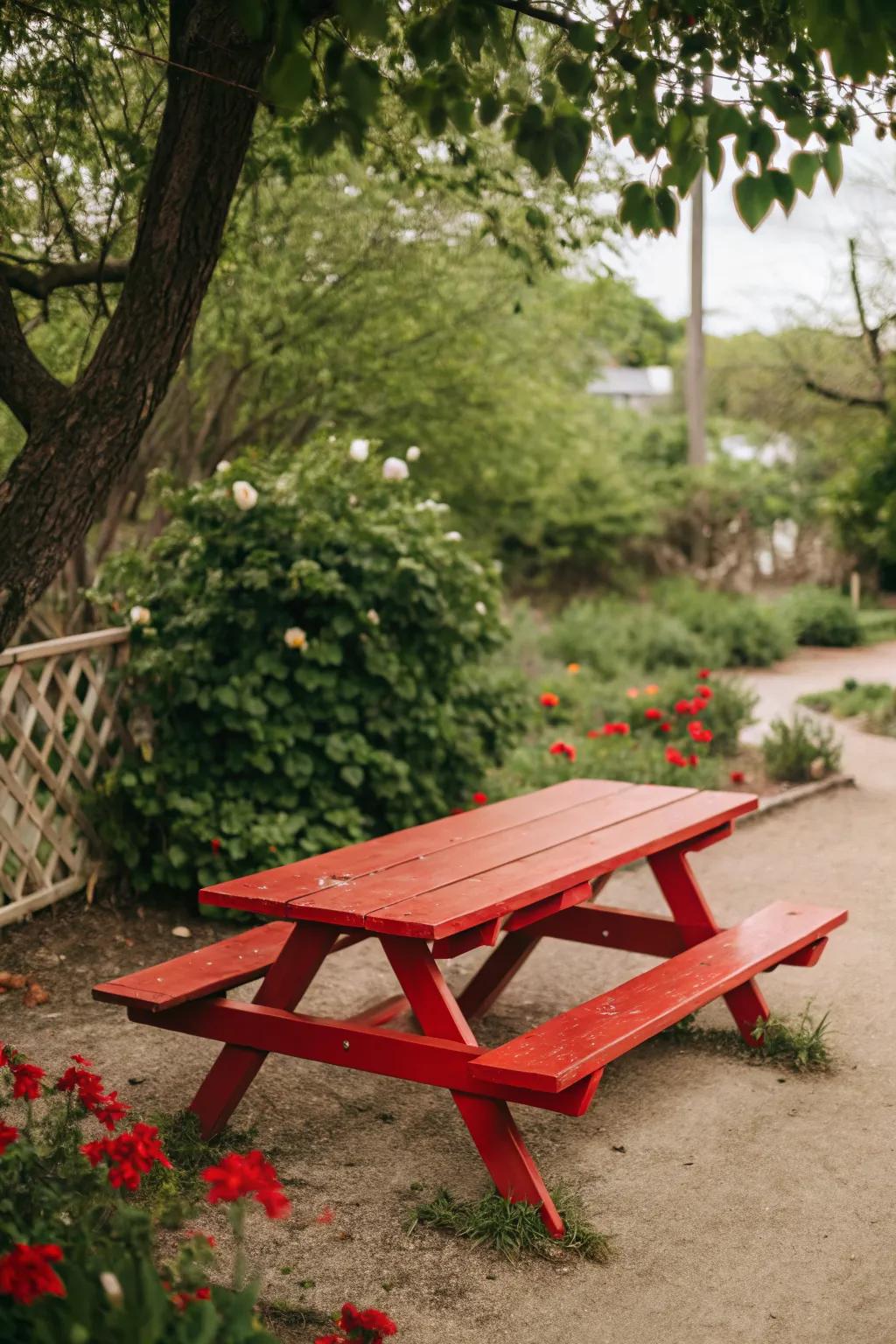 A bold red picnic table stands out beautifully against neutral-toned surroundings.