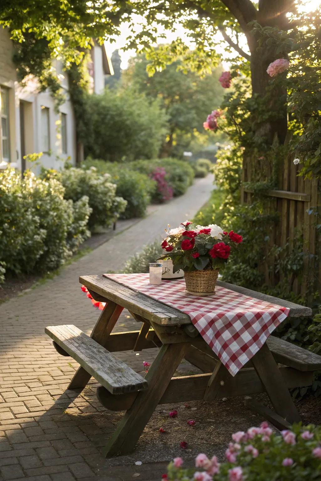 A rustic picnic table adds vintage charm to this serene garden corner.