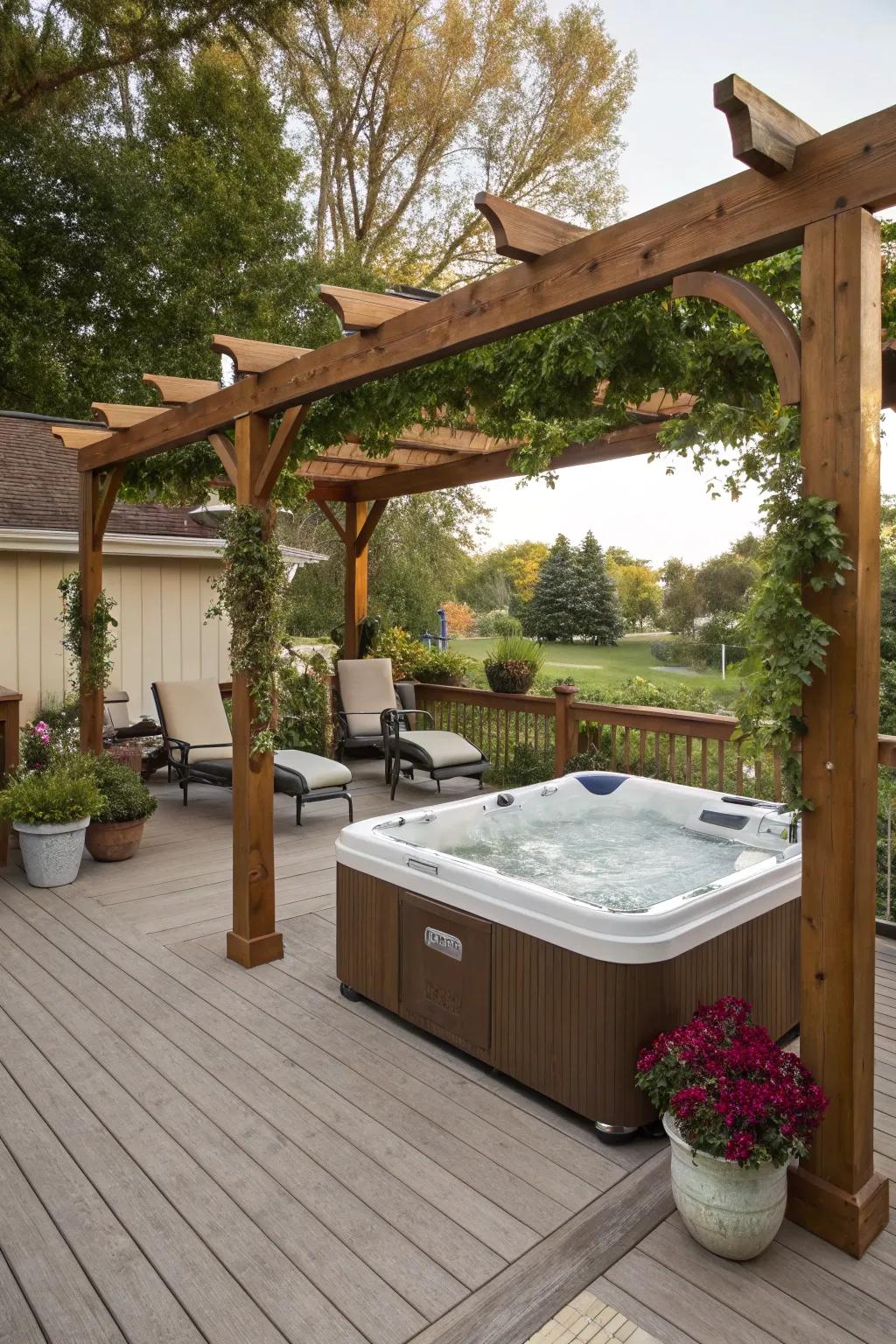 A pergola over the hot tub adds both shade and style.