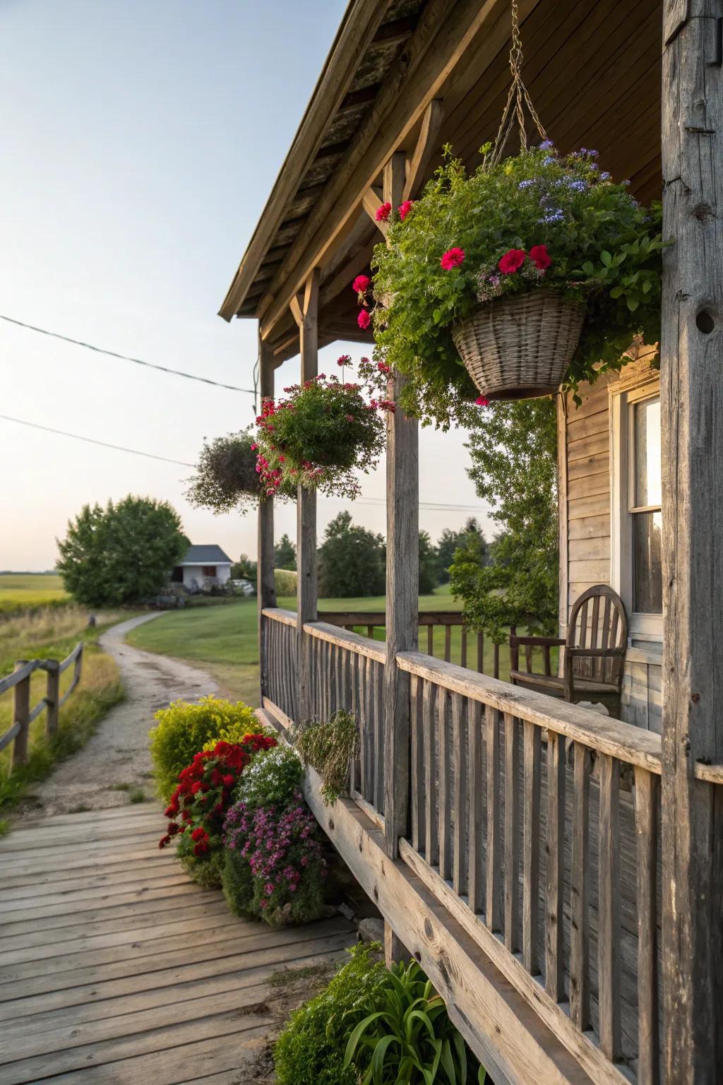 Rustic wooden railings add farmhouse charm to your porch.