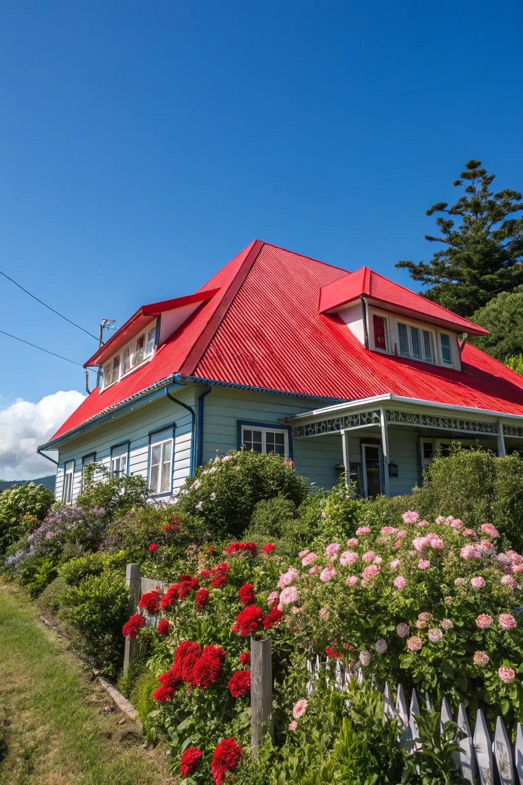 A vibrant home with a bright red metal roof, adding a pop of color to the neighborhood.