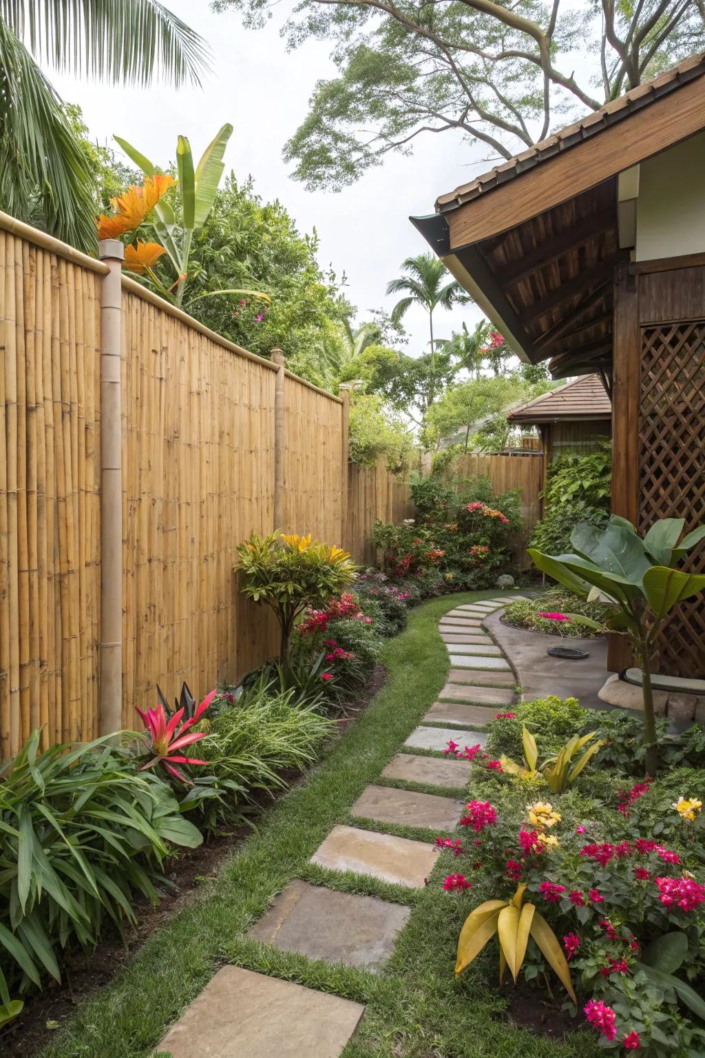 Eco-friendly bamboo fence offering a tropical garden feel.