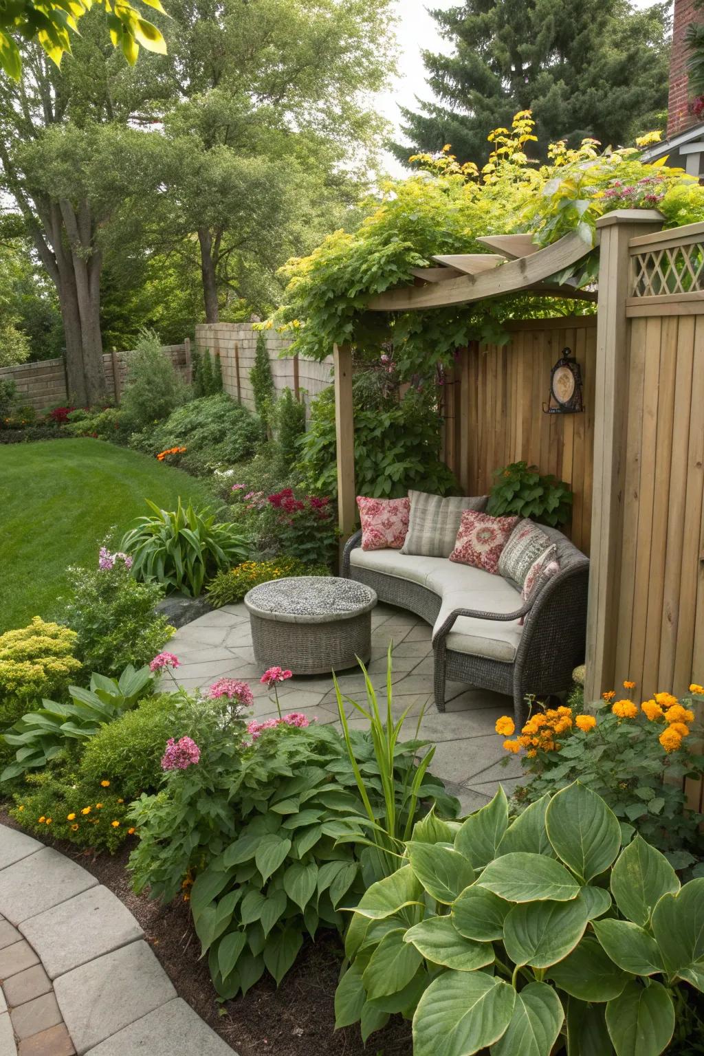 Intimate seating areas provide cozy retreats in a pie-shaped backyard.