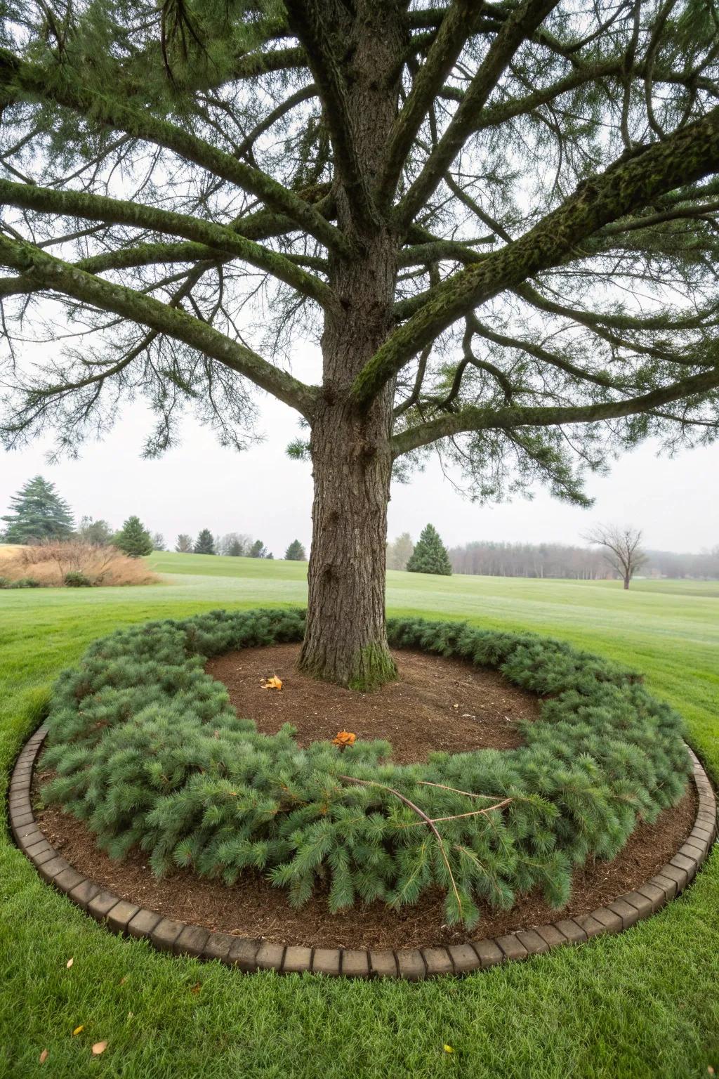 A tree surrounded by a neat border of pine straw.