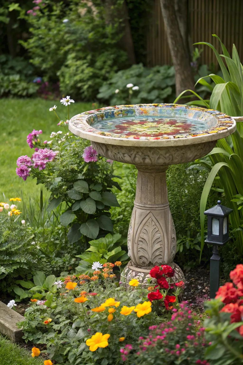 Mosaic bird baths add beauty and function to any garden.