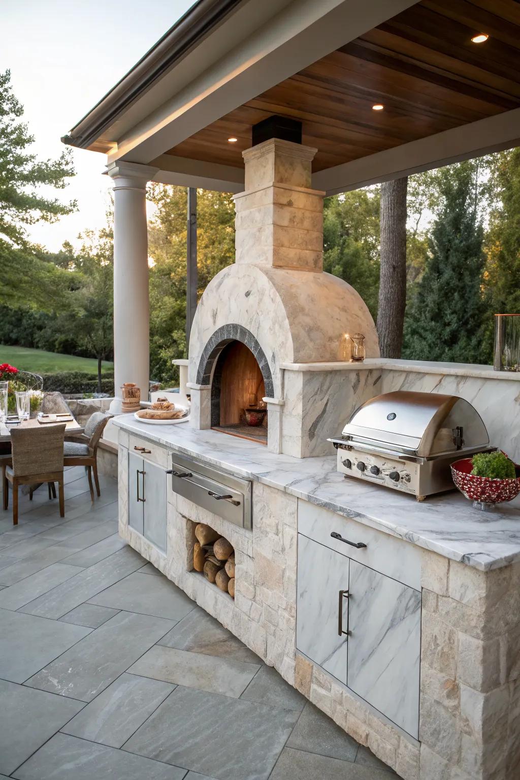 A built-in pizza oven that adds elegance to an outdoor kitchen.