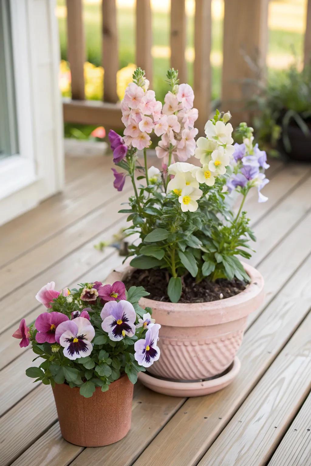 A pastel-themed container garden with soft-hued pansies and snapdragons.