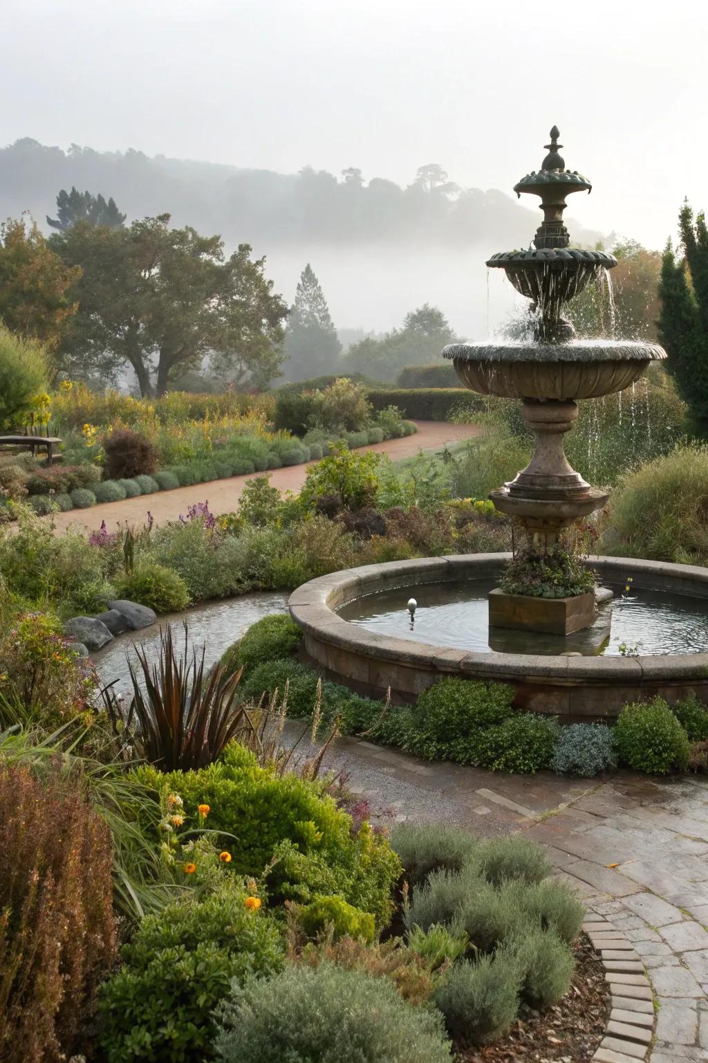 Layered landscaping adds depth and interest around fountains.