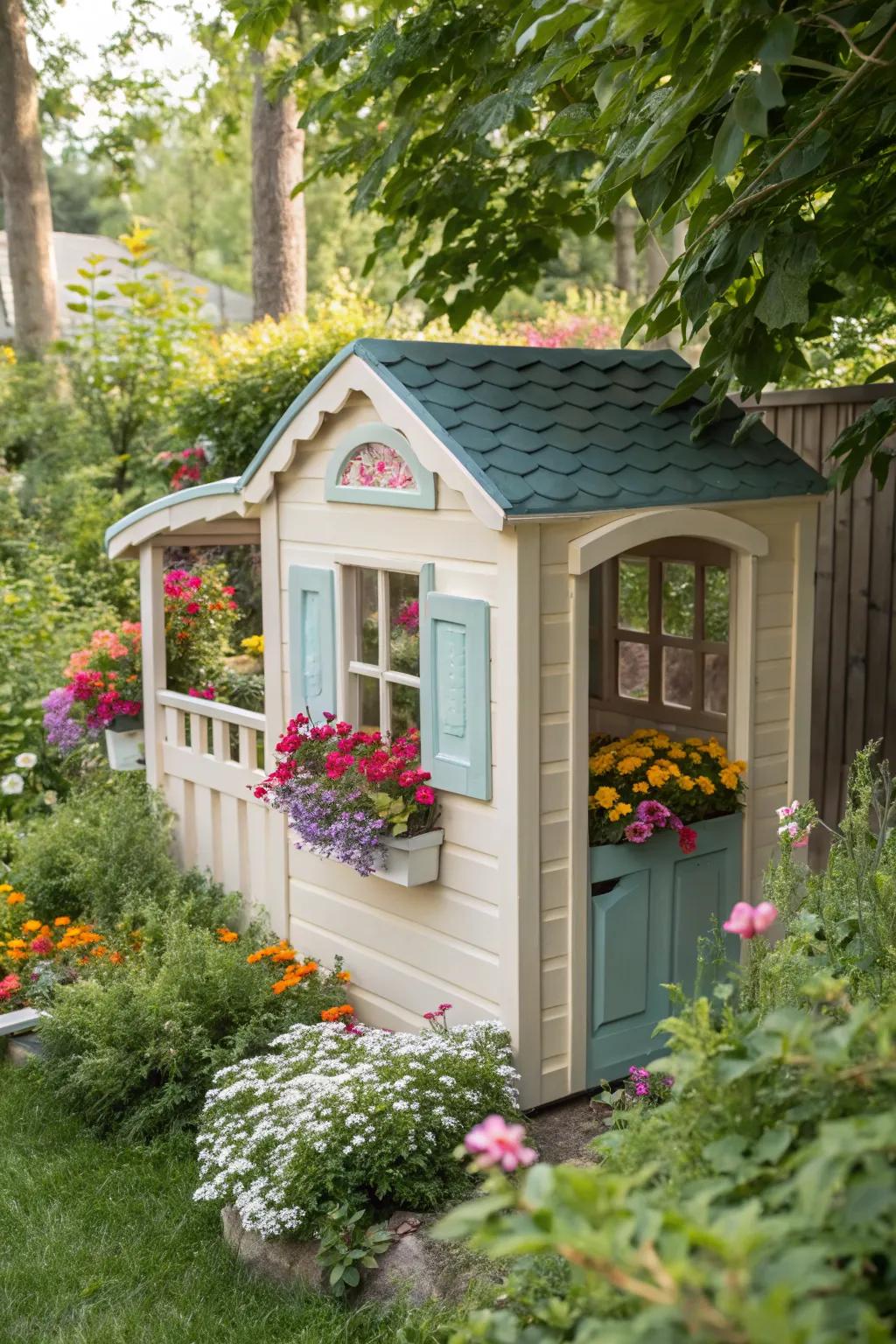Flower boxes add charm and life to a playhouse facade.
