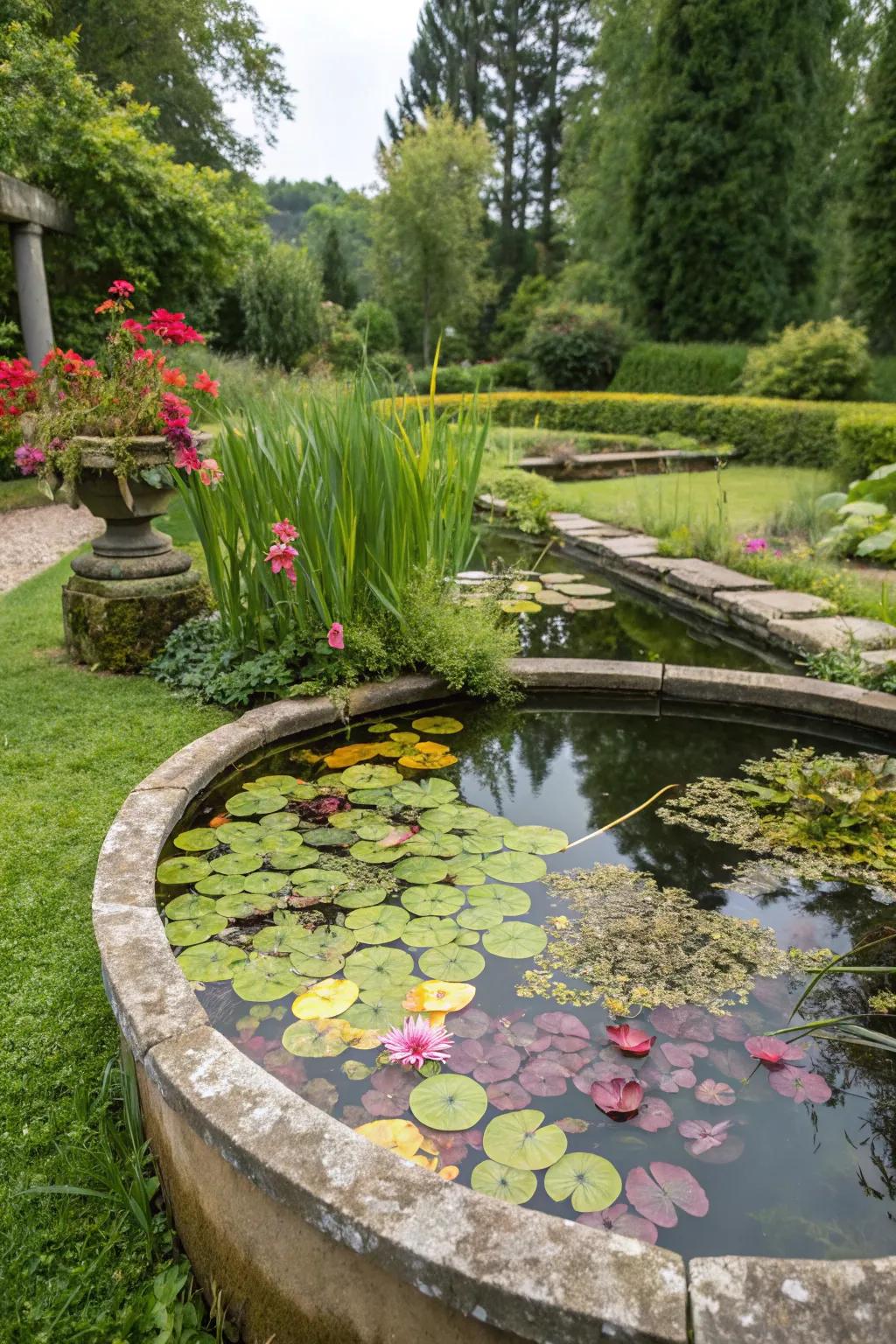 Plastic pond enriched with aquatic plants, creating a lively garden oasis.